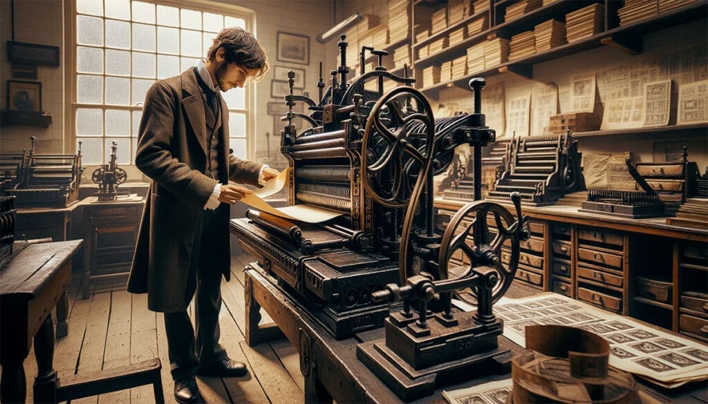 victorian man printing postage stamps