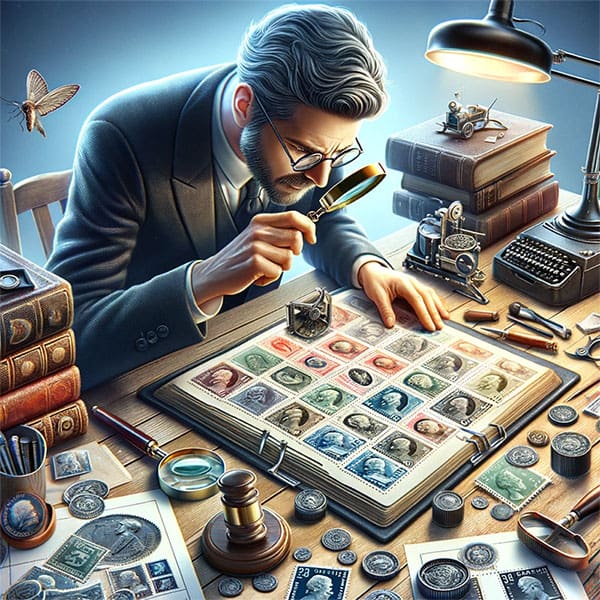 man looking at stamp collection