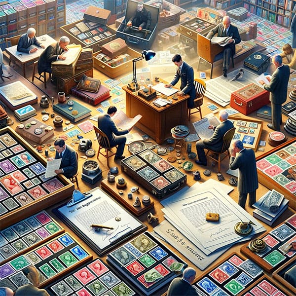 people appraising stamps